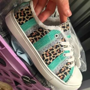 Leopard and Teal Striped Sneakers